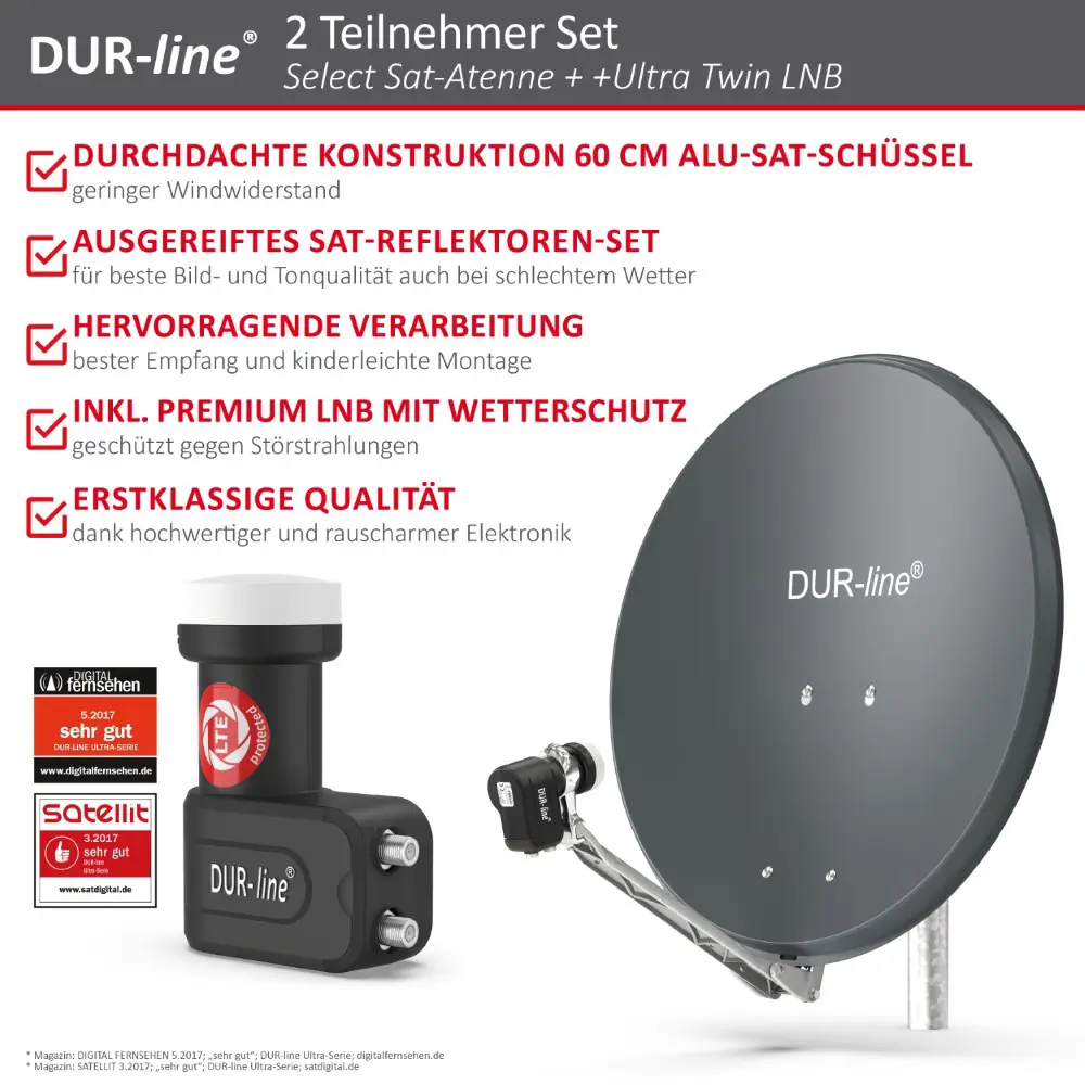 DUR-line Select 2 Teilnehmer Set - Qualitäts-Alu-Satelliten-Komplettanlage - Select 60cm/65cm Spiegel/Schüssel Anthrazit + Twin LNB - für 2 Receiver/TV 