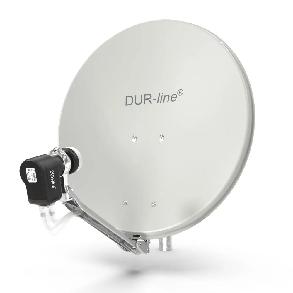 DUR-line Select 4 Teilnehmer Set - Qualitäts-Alu-Satelliten-Komplettanlage - Select 60cm/65cm Spiegel/Schüssel Hellgrau + Quad LNB - für 4 Receiver/TV