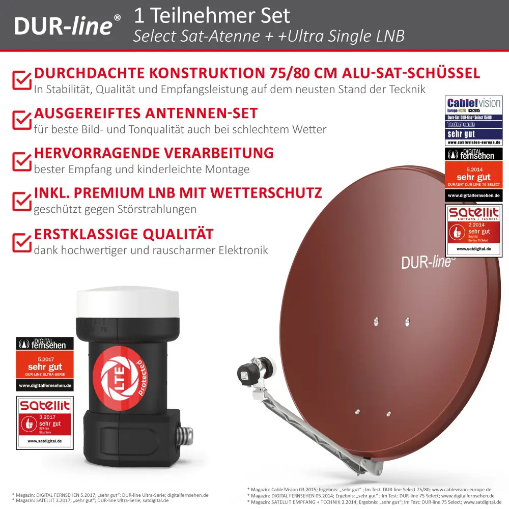 DUR-line Select 1 Teilnehmer Set - Qualitäts-Alu-Satelliten-Komplettanlage - Select 75cm/80cm Spiegel/Schüssel Rot + Single LNB - für 1 Receiver/TV 