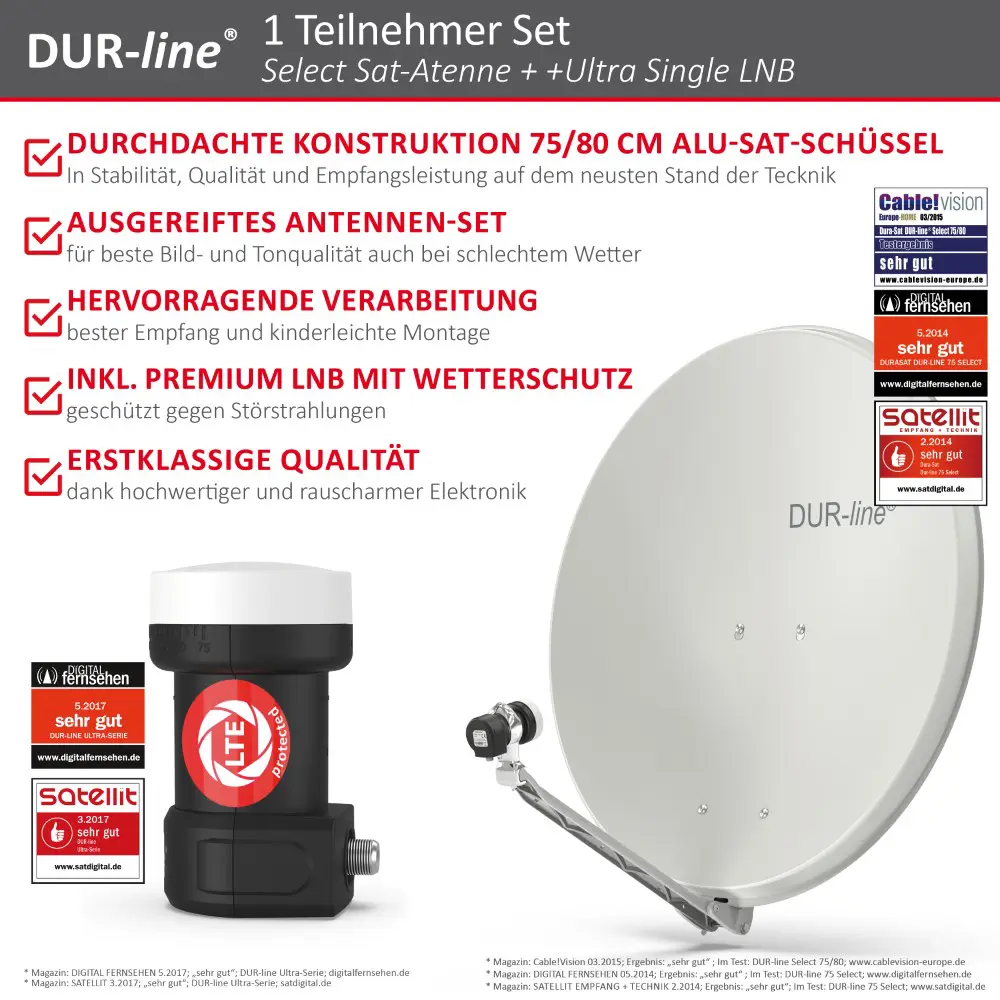 DUR-line Select Komplettset für 1 Teilnehmer / Single LNB + 80cm Alu-Antenne | Qualitäts-Schüssel-Set mit Premium LNB 