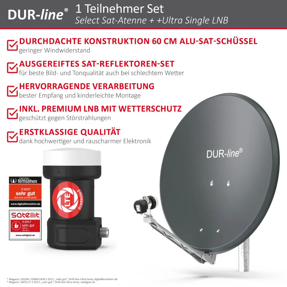 DUR-line Select 1 Teilnehmer Set - Qualitäts-Alu-Satelliten-Komplettanlage - Select 60cm/65cm Spiegel/Schüssel Anthrazit + Single LNB - für 1 Receiver/TV
